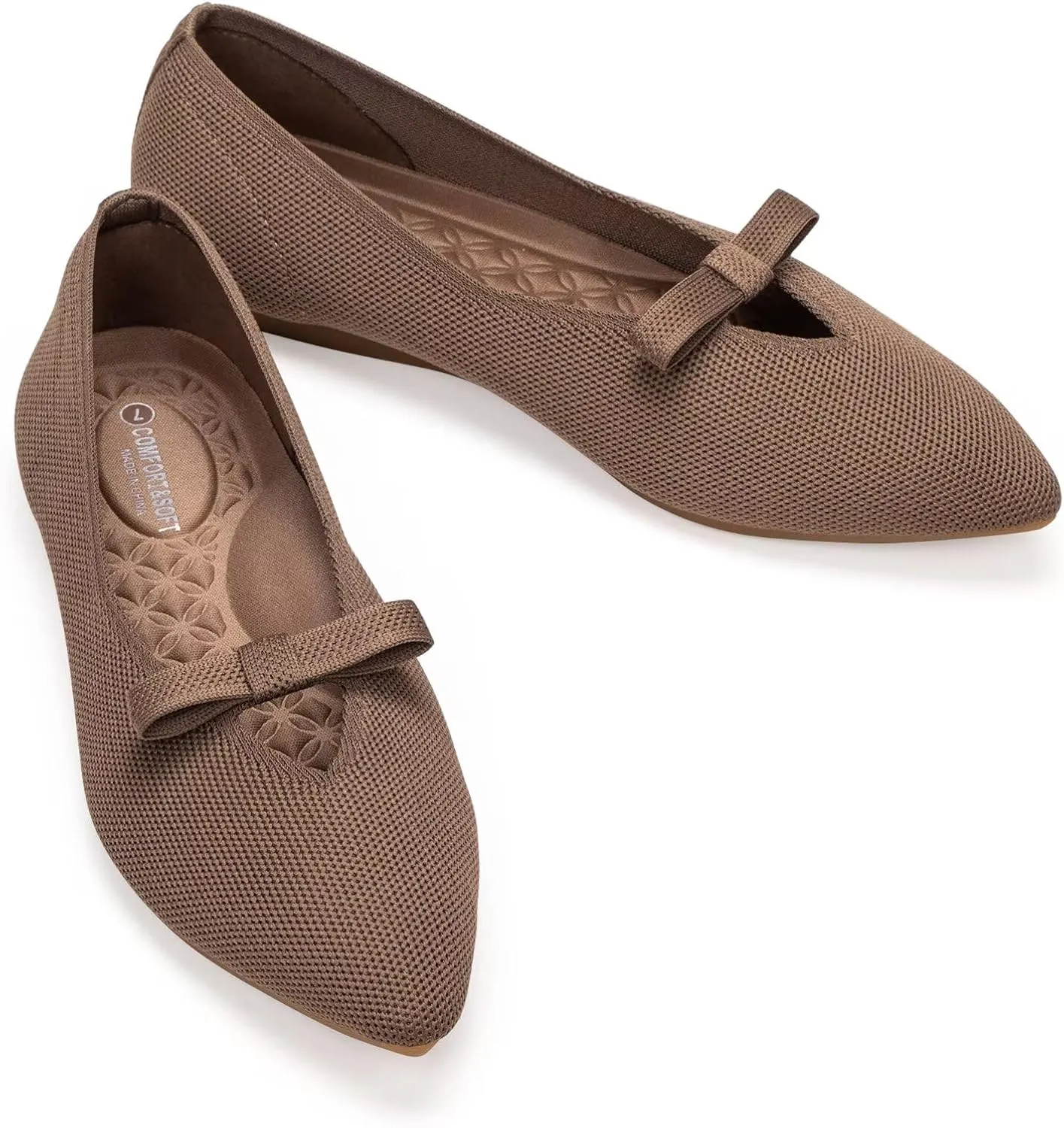 Frank Mully Women's Knitted Flats with Bow Pointed Toe Ballet Shoes Soft Fabric Ballerina Dressy Flats for Women