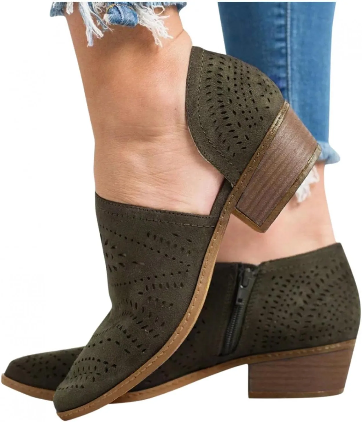 Gibobby Ankle Booties for Women Flat Heel,Women's Round Toe Faux Suede Stacked Heel Side Zipper Western Shoes Ankle Boots