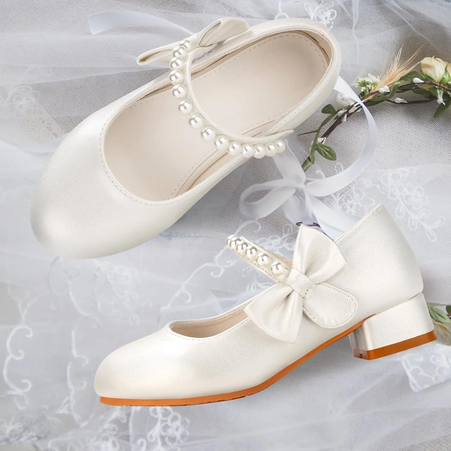 Girls Dress Shoes Mary Jane Princess Shoes Girls' Flats Glitter Low Heels Flower Wedding Party Footwear for Toddler Little/Big Kid