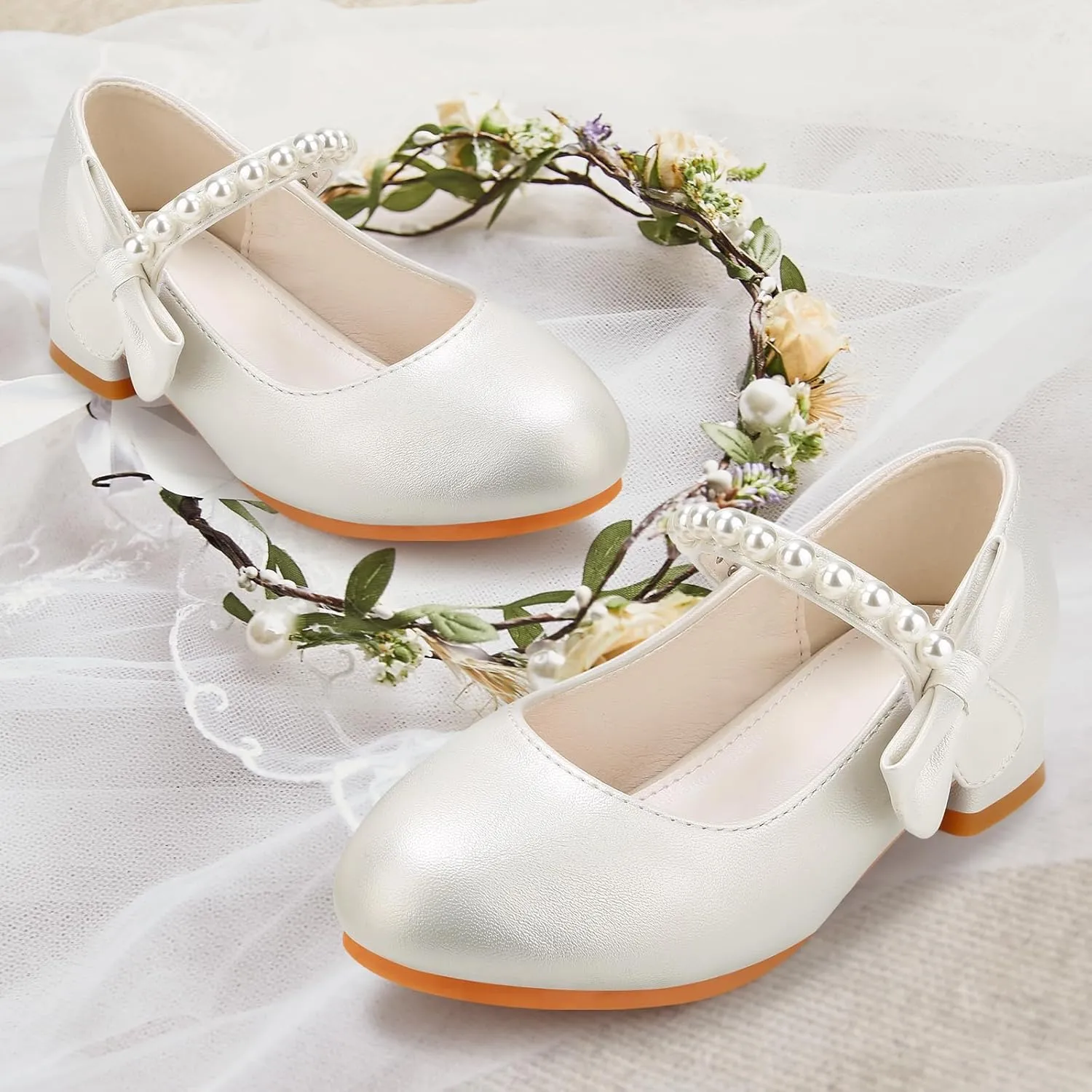 Girls Dress Shoes Mary Jane Princess Shoes Girls' Flats Glitter Low Heels Flower Wedding Party Footwear for Toddler Little/Big Kid