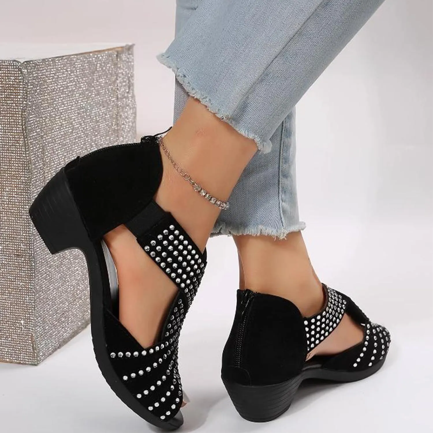 Glow Step Orthopedic Low Heel Cut-Out Sandals, Womens Sandals with Arch Support, Fish Mouth High Heel Sandals for Women