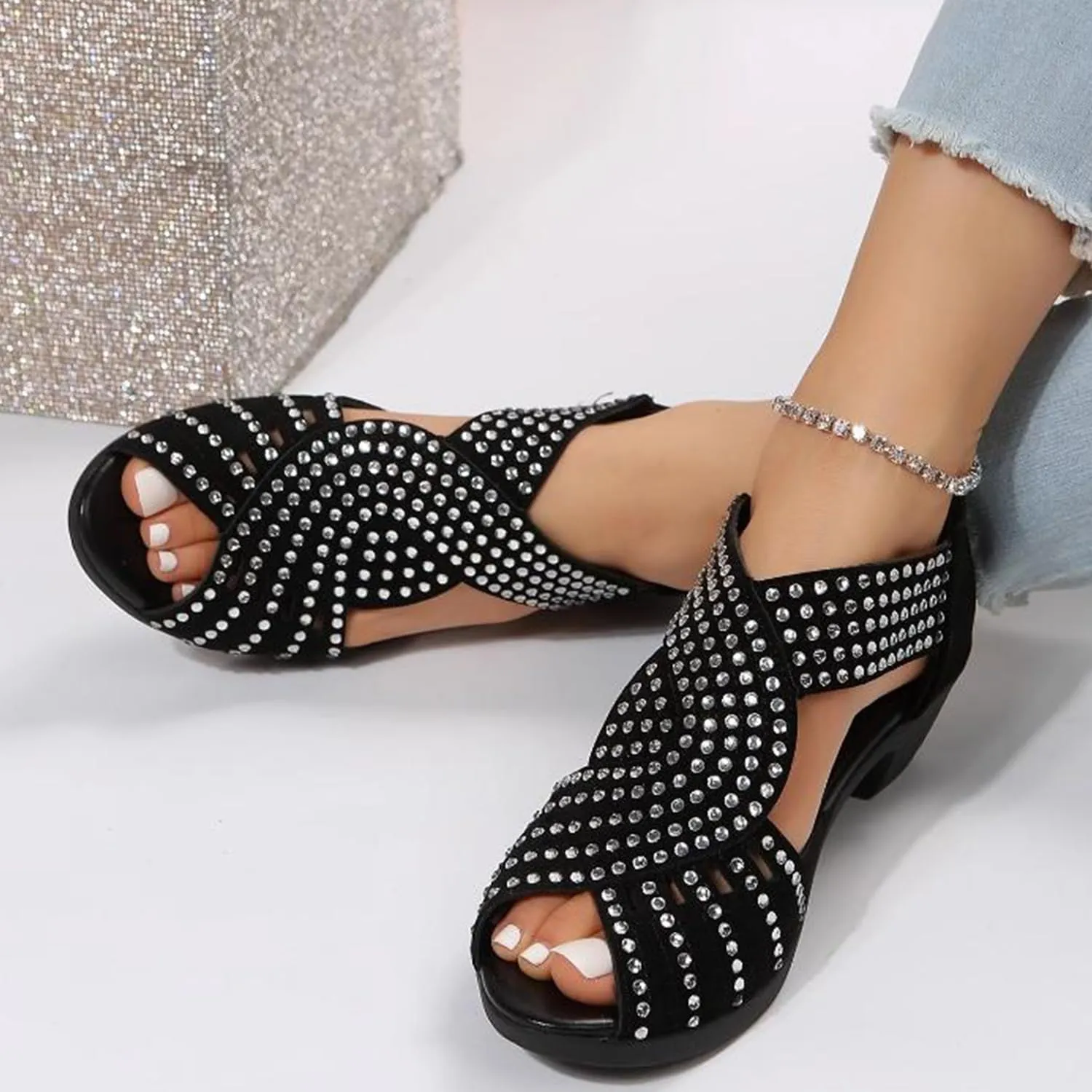 Glow Step Orthopedic Low Heel Cut-Out Sandals, Womens Sandals with Arch Support, Fish Mouth High Heel Sandals for Women