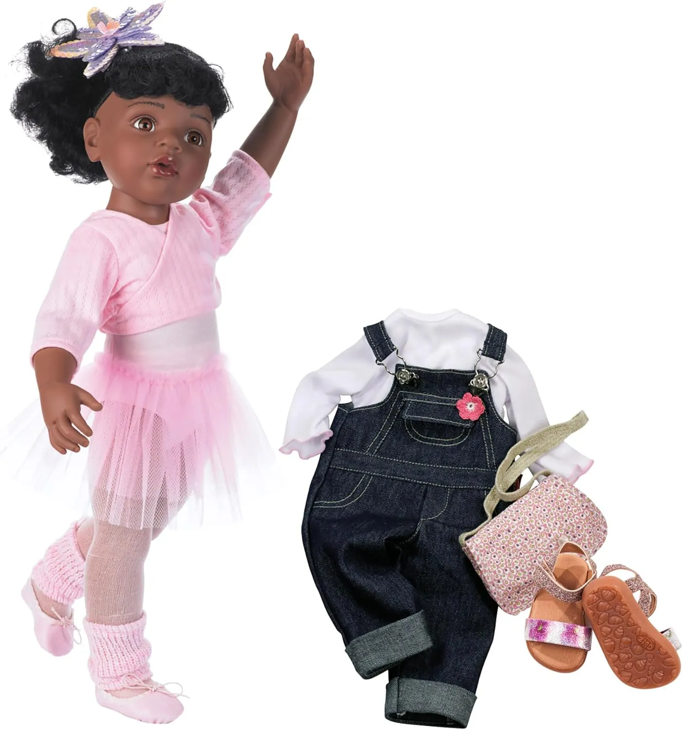 Gotz Hannah at The Ballet - 19.5" African American Poseable Doll with Extra Outfit (Denim Overalls, Shirt & Sandals) and Long Black Hair to Wash & Style