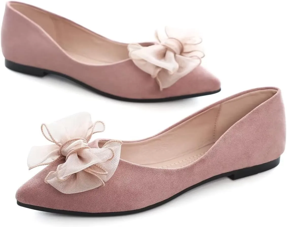 Hee grand Bowknot Flats for Women Pointed Toe Ballet Shoes Soft Slip on Loafers Suede Dress Shoes