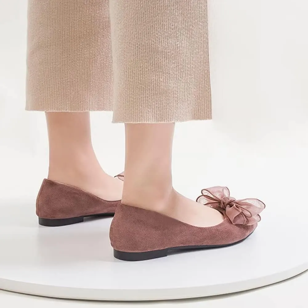 Hee grand Bowknot Flats for Women Pointed Toe Ballet Shoes Soft Slip on Loafers Suede Dress Shoes