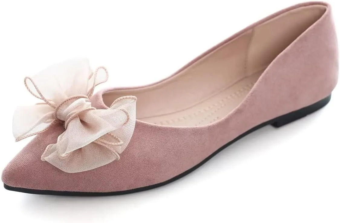 Hee grand Bowknot Flats for Women Pointed Toe Ballet Shoes Soft Slip on Loafers Suede Dress Shoes