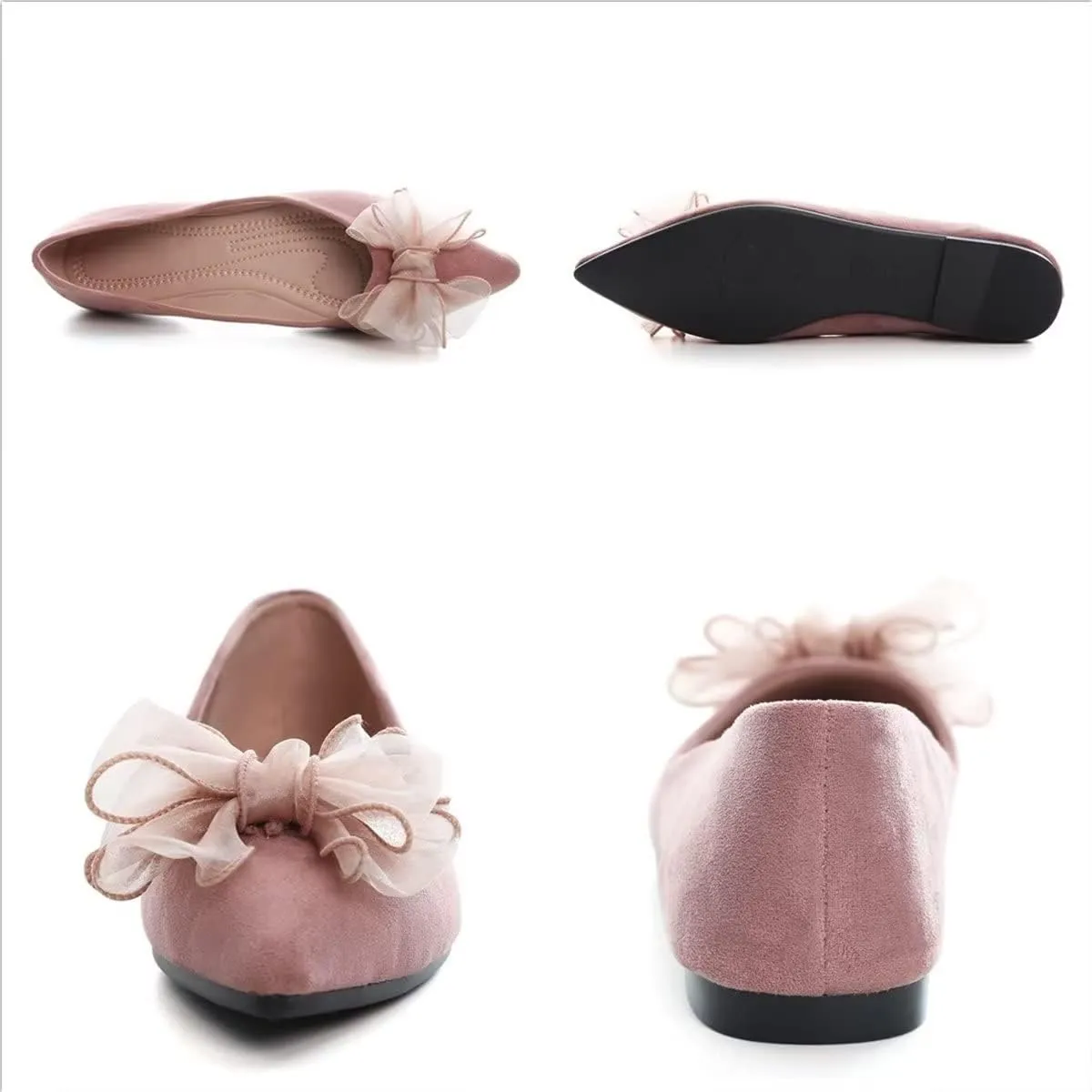 Hee grand Bowknot Flats for Women Pointed Toe Ballet Shoes Soft Slip on Loafers Suede Dress Shoes