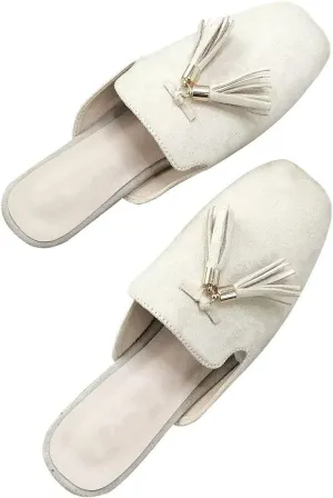 Hee grand Mules for Women Tassel Mule Slippers Summer Square Toe Slip On Loafers Casual Closed Toe Suede Flat Slides