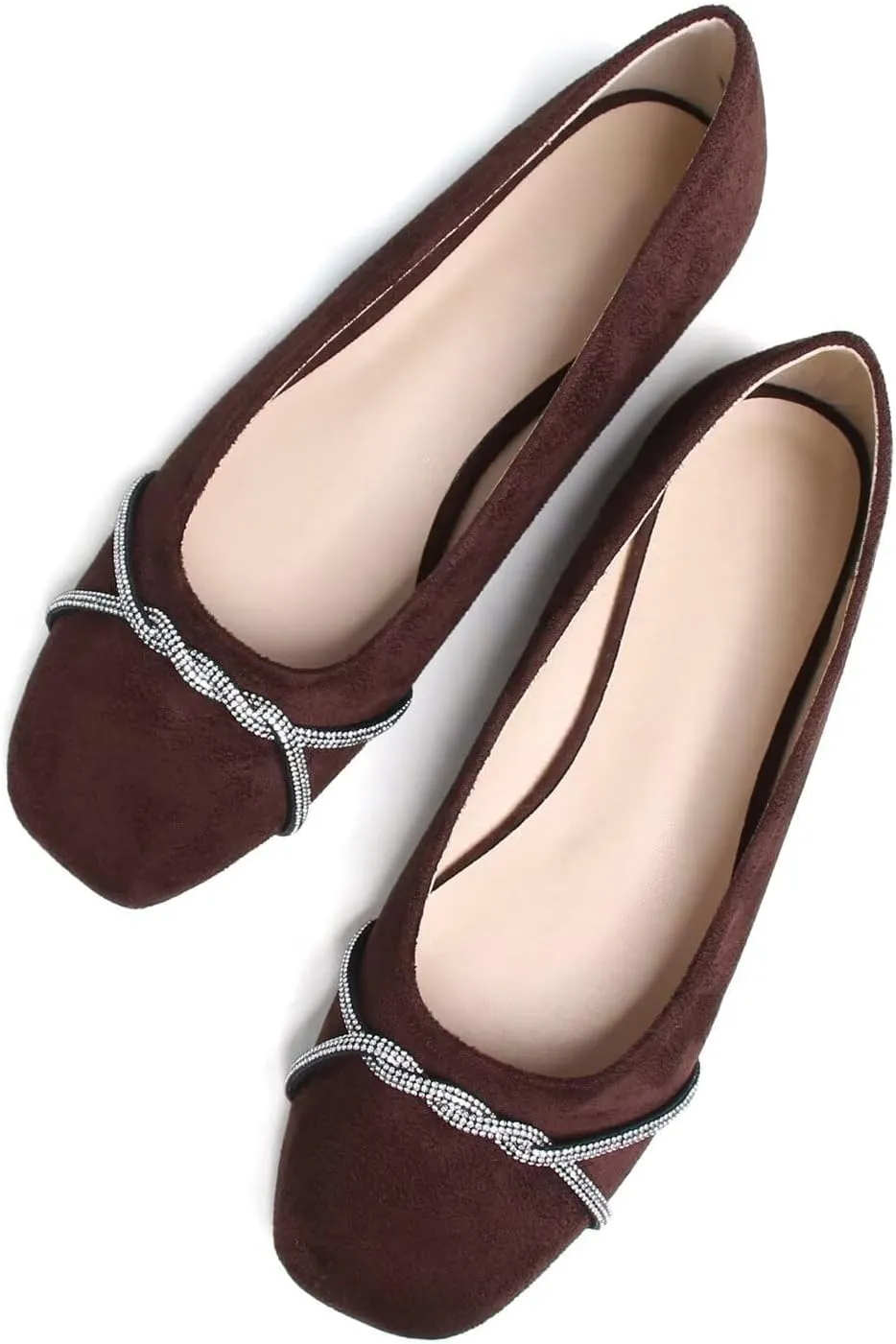 Hee grand Pointed Toe Ballet Flats for Women Suede Rhinestones Chains Black Dress Shoes Comfort Slip-On Loafers