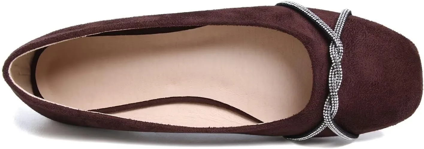 Hee grand Pointed Toe Ballet Flats for Women Suede Rhinestones Chains Black Dress Shoes Comfort Slip-On Loafers