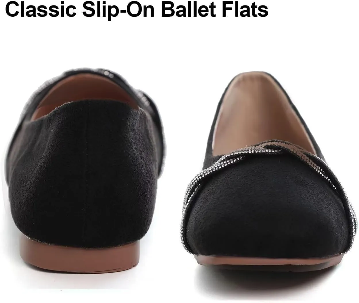 Hee grand Square Toe Ballet Flats for Women Rhinestones Chains Black Suede Dress Shoes Comfort Slip-On Loafers