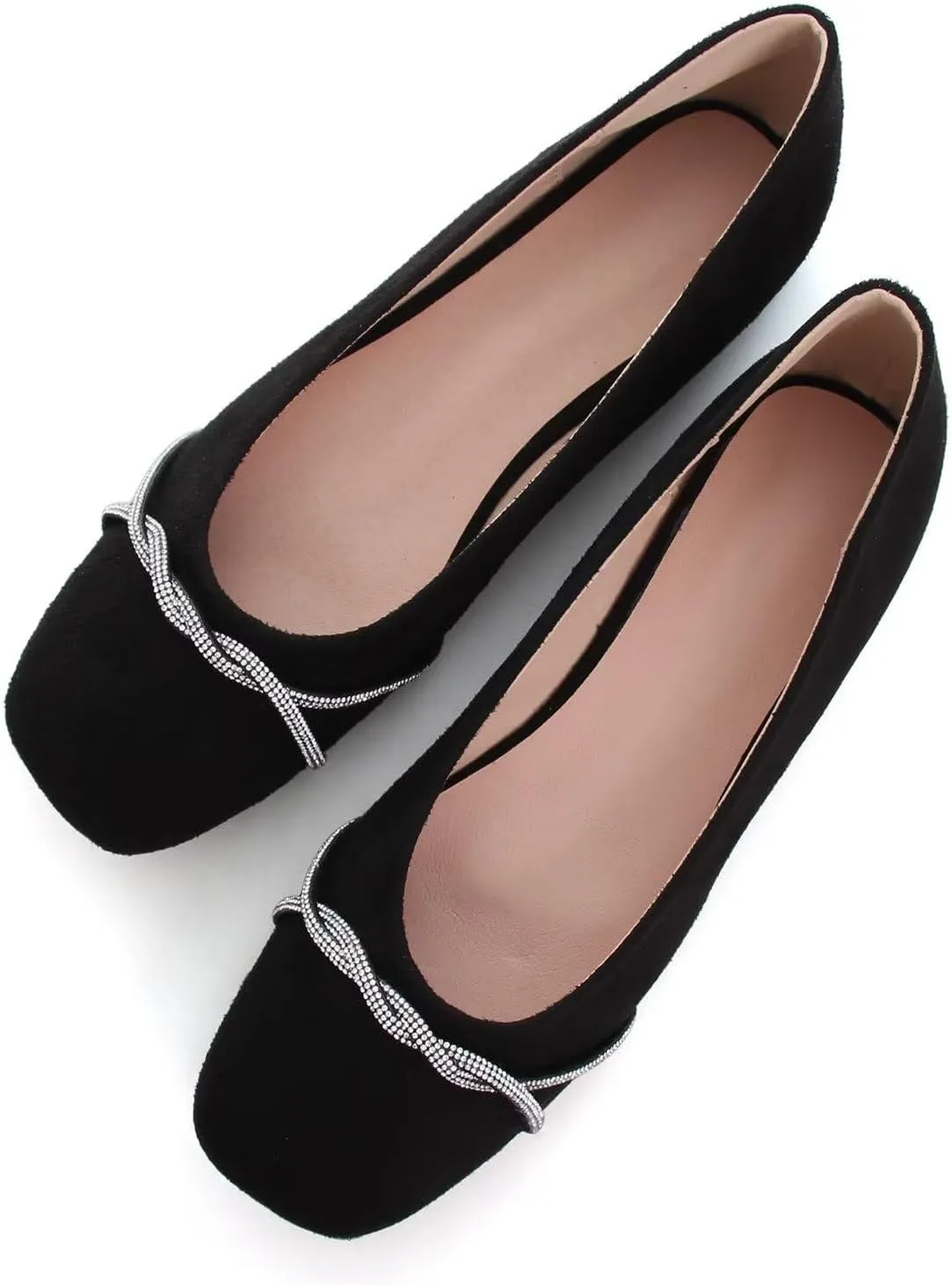 Hee grand Square Toe Ballet Flats for Women Rhinestones Chains Black Suede Dress Shoes Comfort Slip-On Loafers