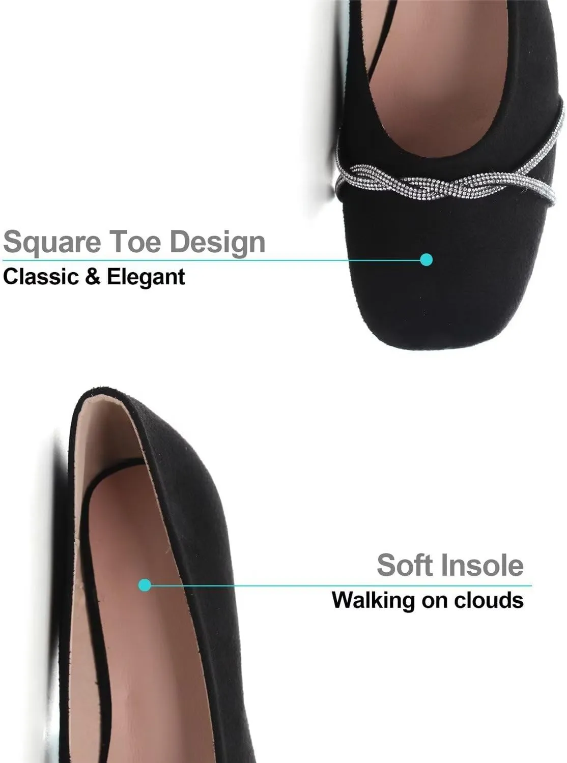 Hee grand Square Toe Ballet Flats for Women Rhinestones Chains Black Suede Dress Shoes Comfort Slip-On Loafers