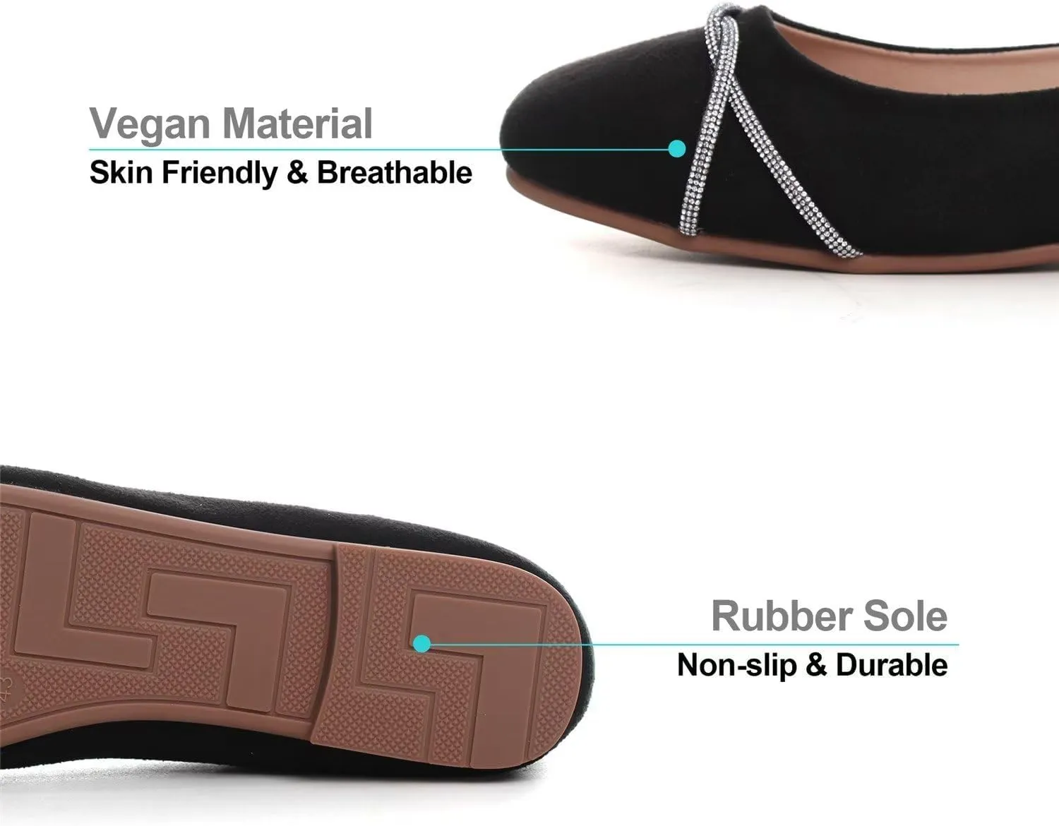 Hee grand Square Toe Ballet Flats for Women Rhinestones Chains Black Suede Dress Shoes Comfort Slip-On Loafers