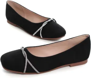 Hee grand Square Toe Ballet Flats for Women Rhinestones Chains Black Suede Dress Shoes Comfort Slip-On Loafers
