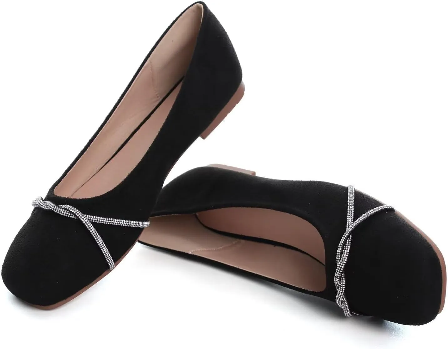 Hee grand Square Toe Ballet Flats for Women Rhinestones Chains Black Suede Dress Shoes Comfort Slip-On Loafers