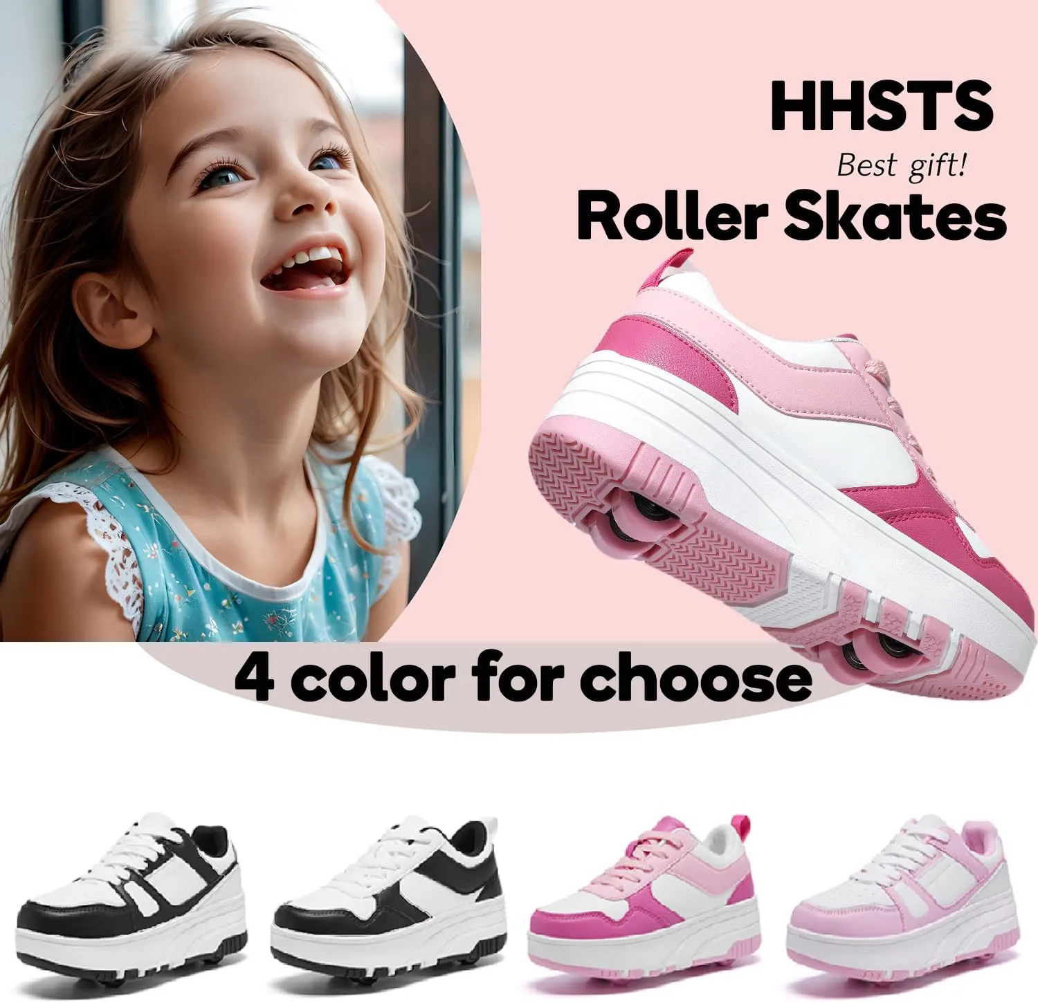 HHSTS Roller Skate Shoes for Kids Boys Girls Upgraded Fashion Sneakers with 4-Wheels for Kids, Versatile Roller Skates Shoes Christmas Birthday Gifts