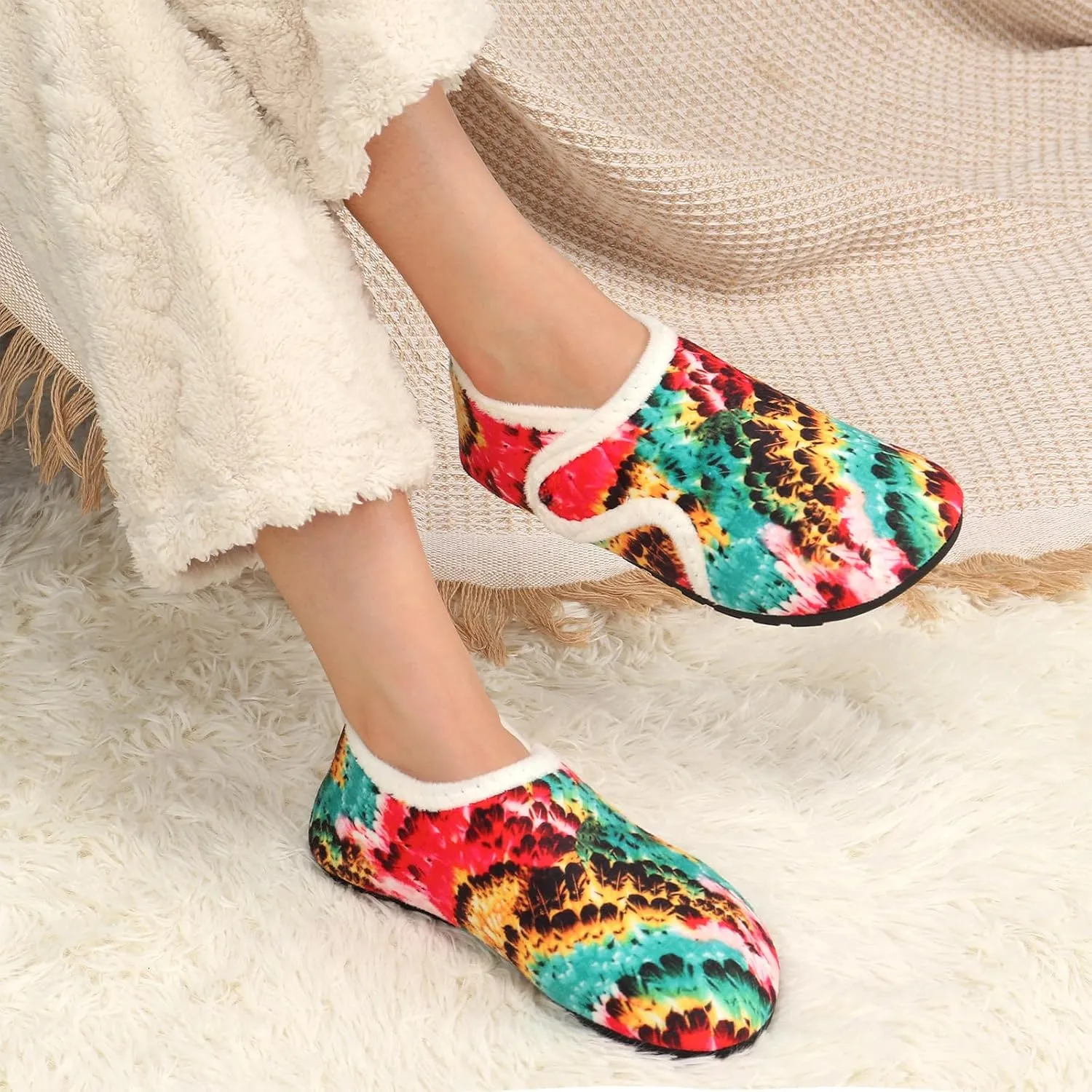 Ibeauti Womens Mens House Slippers Rubber Sole Indoor Slipper Socks Lightweight Fleece Lined Slip-on Barefoot Slippers