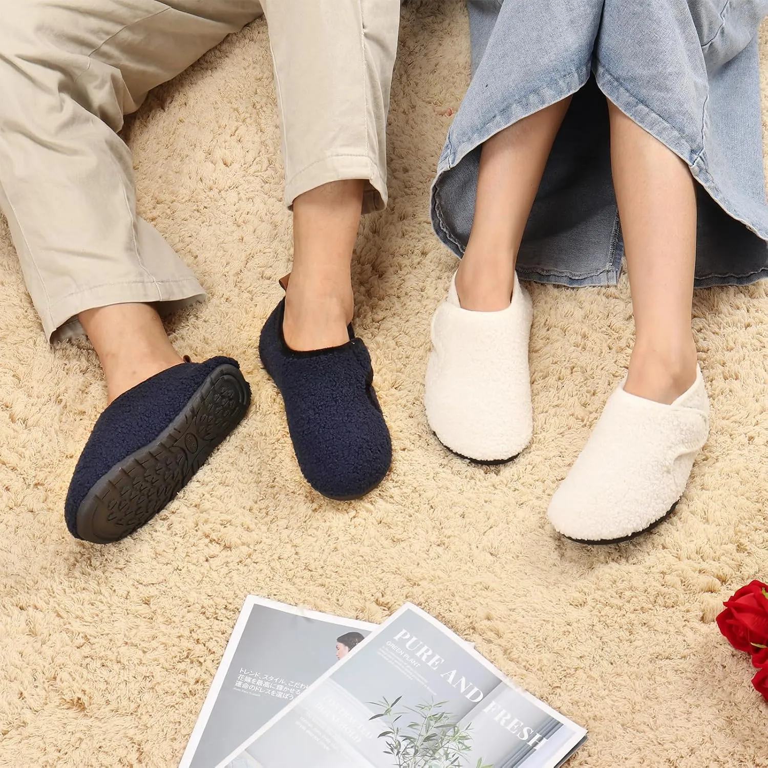 Ibeauti Womens Mens House Slippers Rubber Sole Indoor Slipper Socks Lightweight Fleece Lined Slip-on Barefoot Slippers