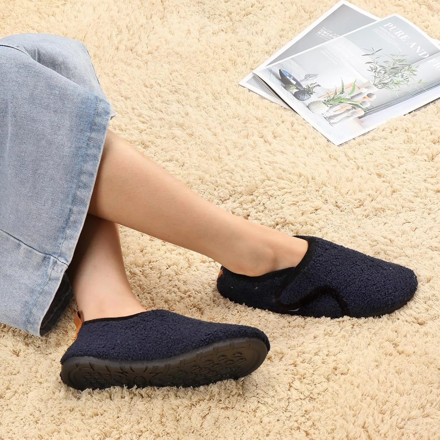 Ibeauti Womens Mens House Slippers Rubber Sole Indoor Slipper Socks Lightweight Fleece Lined Slip-on Barefoot Slippers