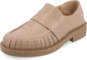 Journee Womens Ruched Lakenn Comfort Foam Slip On Closed Round Toe Crash Back Block Heel Loafer Flats Taupe, 9