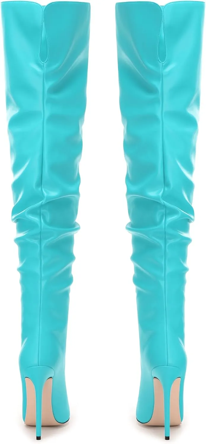 JUSTDANNI Women's Thigh High Boots for Women Thick Thighs Over Knee Boots with Stiletto High Heels Pointed Toe Comfortable Pull On Above The Knee Boots Party Wedding Shopping Thigh High Heels
