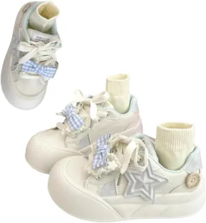 Kawaii Cute Starry Y2K Aesthetic Platform Sneakers for Girls - Thick Sole with Butterfly Bowknots and Star Details, Y2K Retro Pretty Pastel Design in Blue & Pink, Perfect for Student Travel