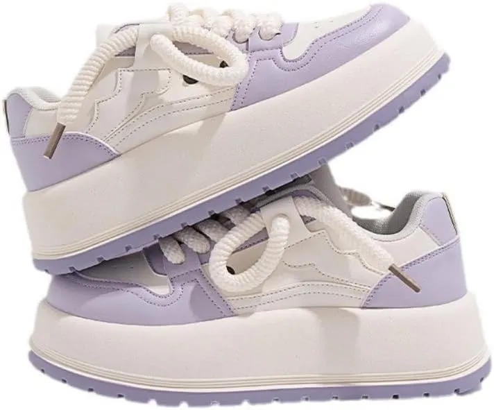 Kawaii Korean Chunky Sneakers, Cute White & Purple Cloud Soft Sole Shoes with Hidden Heel Lift for Girls Travel Outfit, Gift for Daughter