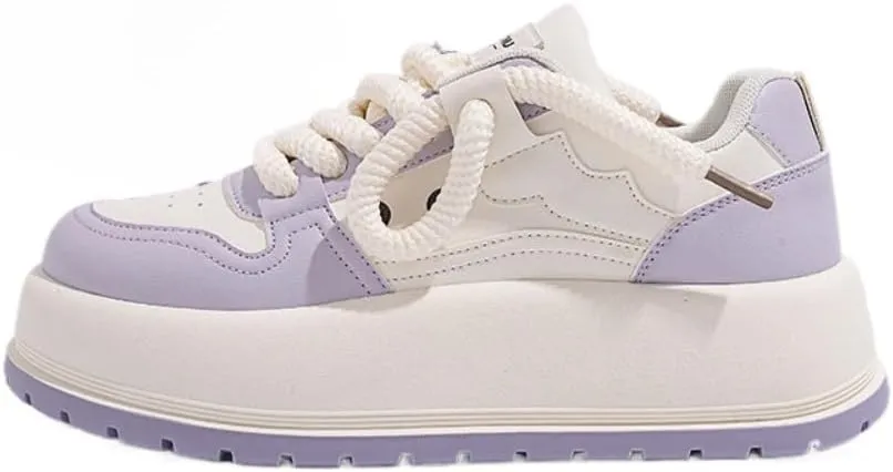 Kawaii Korean Chunky Sneakers, Cute White & Purple Cloud Soft Sole Shoes with Hidden Heel Lift for Girls Travel Outfit, Gift for Daughter