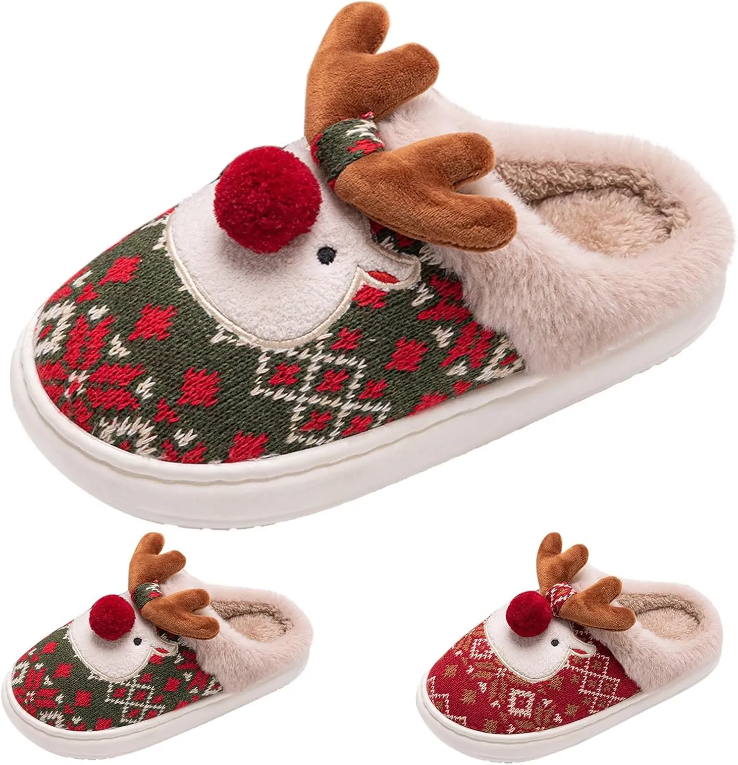 Kids Cute Christmas Slippers Santa Reindeer Slippers Boy Girl Soft Plush Fuzzy Slippers Warm Cotton Winter Slippers