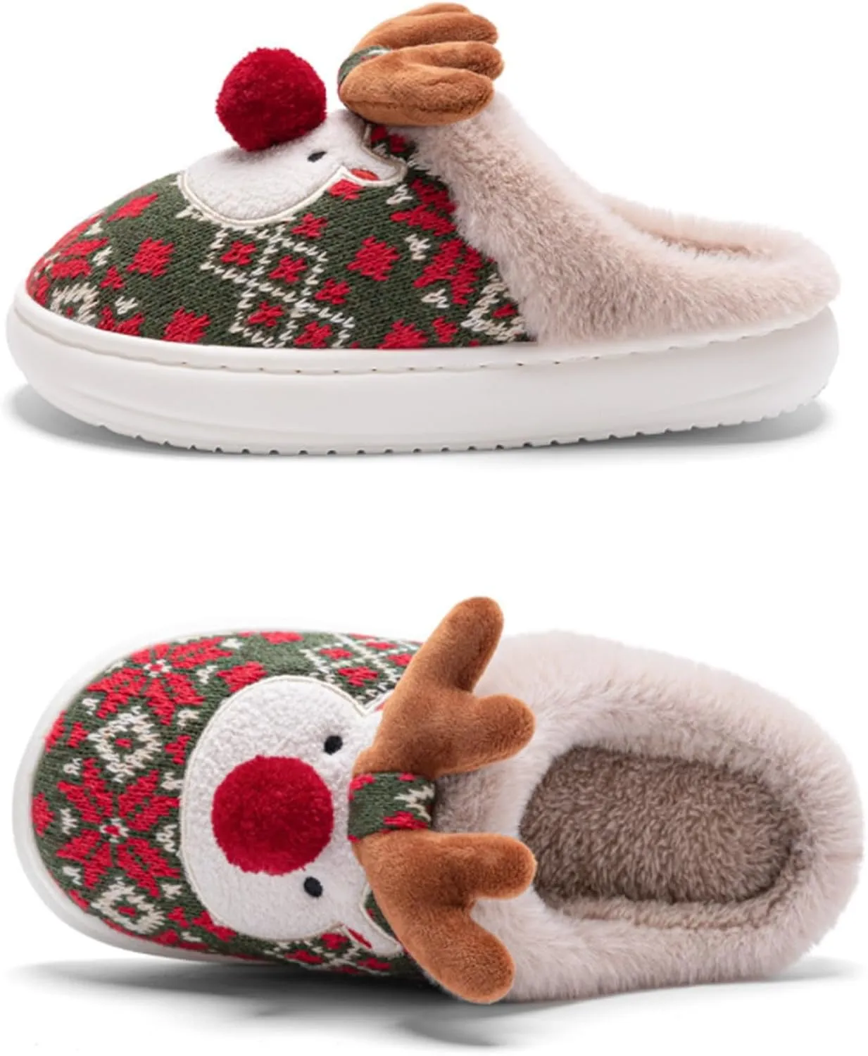Kids Cute Christmas Slippers Santa Reindeer Slippers Boy Girl Soft Plush Fuzzy Slippers Warm Cotton Winter Slippers