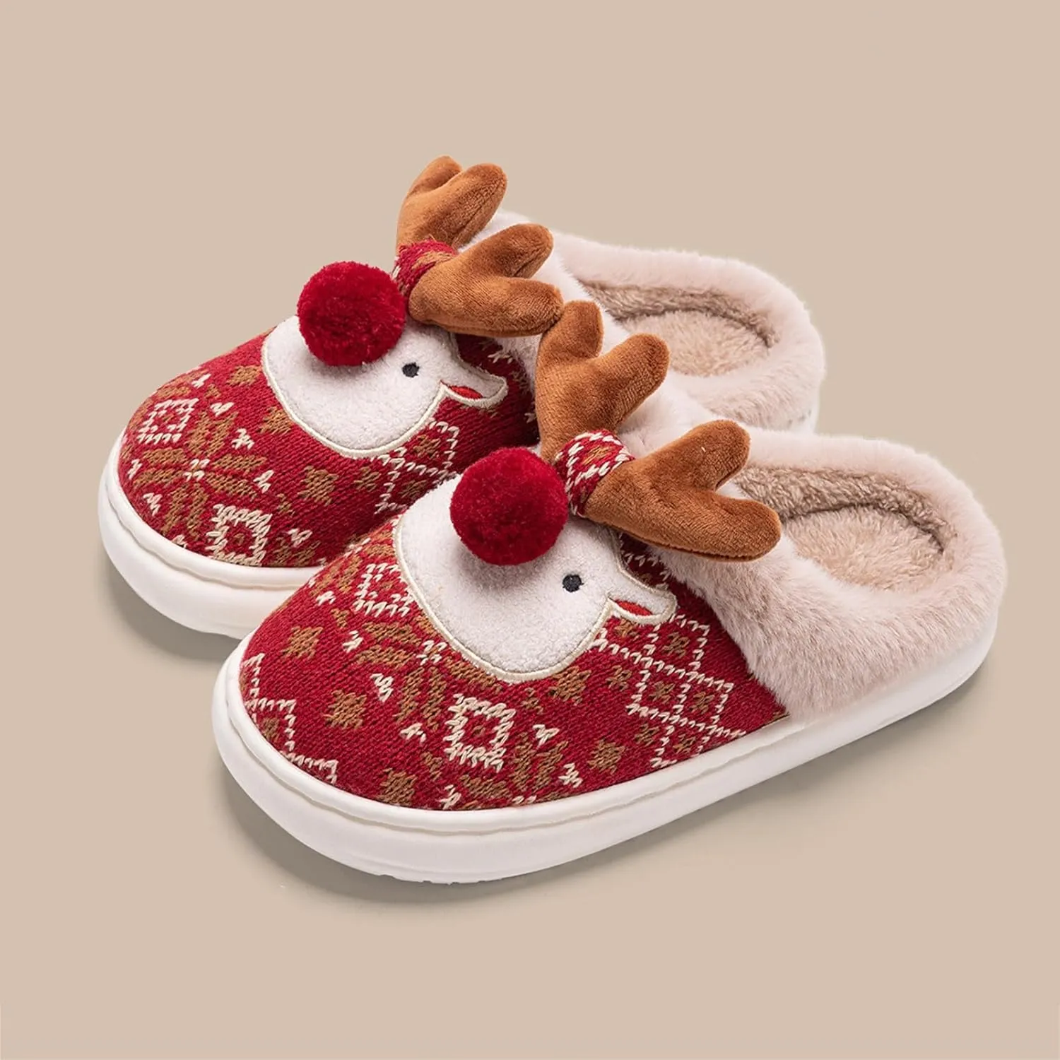 Kids Cute Christmas Slippers Santa Reindeer Slippers Boy Girl Soft Plush Fuzzy Slippers Warm Cotton Winter Slippers