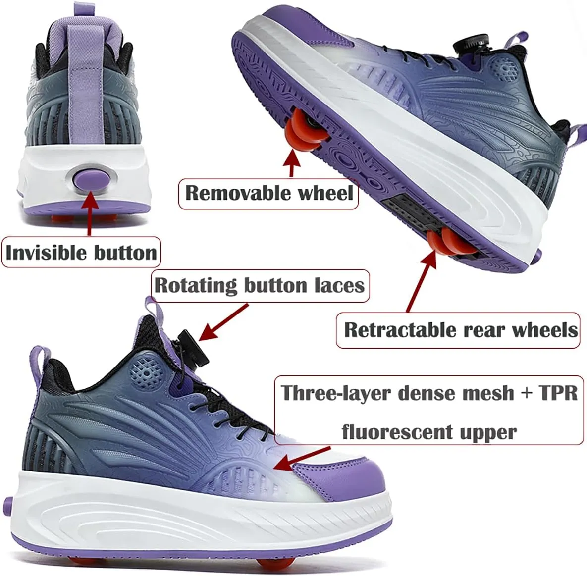 Kids Roller Skate Shoes with Detachable Wheels Fashion Sneakers for Boys & Girls, Outdoor Sports Shoes for Teens