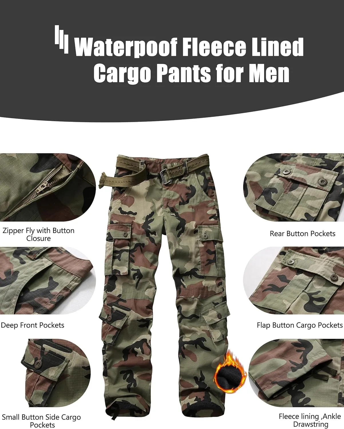 KOCTHOMY Men’s Fleece Lined Hiking Pants,Winter Outdoor Thermal Casual Work Cargo Pants with Multi Pockets, No Belt.