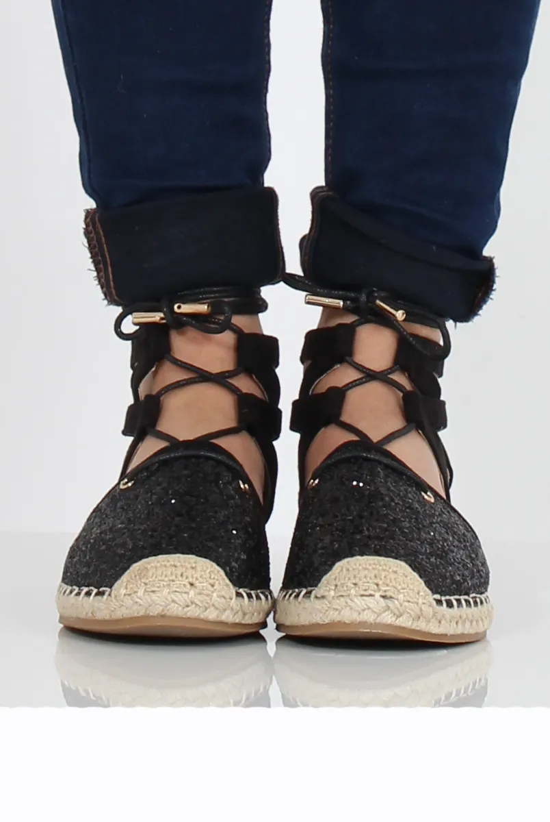 Lace One-time offer Espadrilles Up Glitter Summer markdown Black - Bonnie