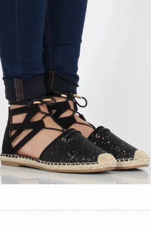 Lace One-time offer Espadrilles Up Glitter Summer markdown Black - Bonnie