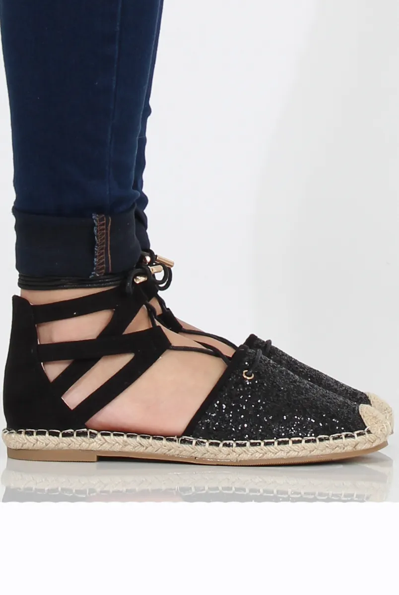Lace One-time offer Espadrilles Up Glitter Summer markdown Black - Bonnie