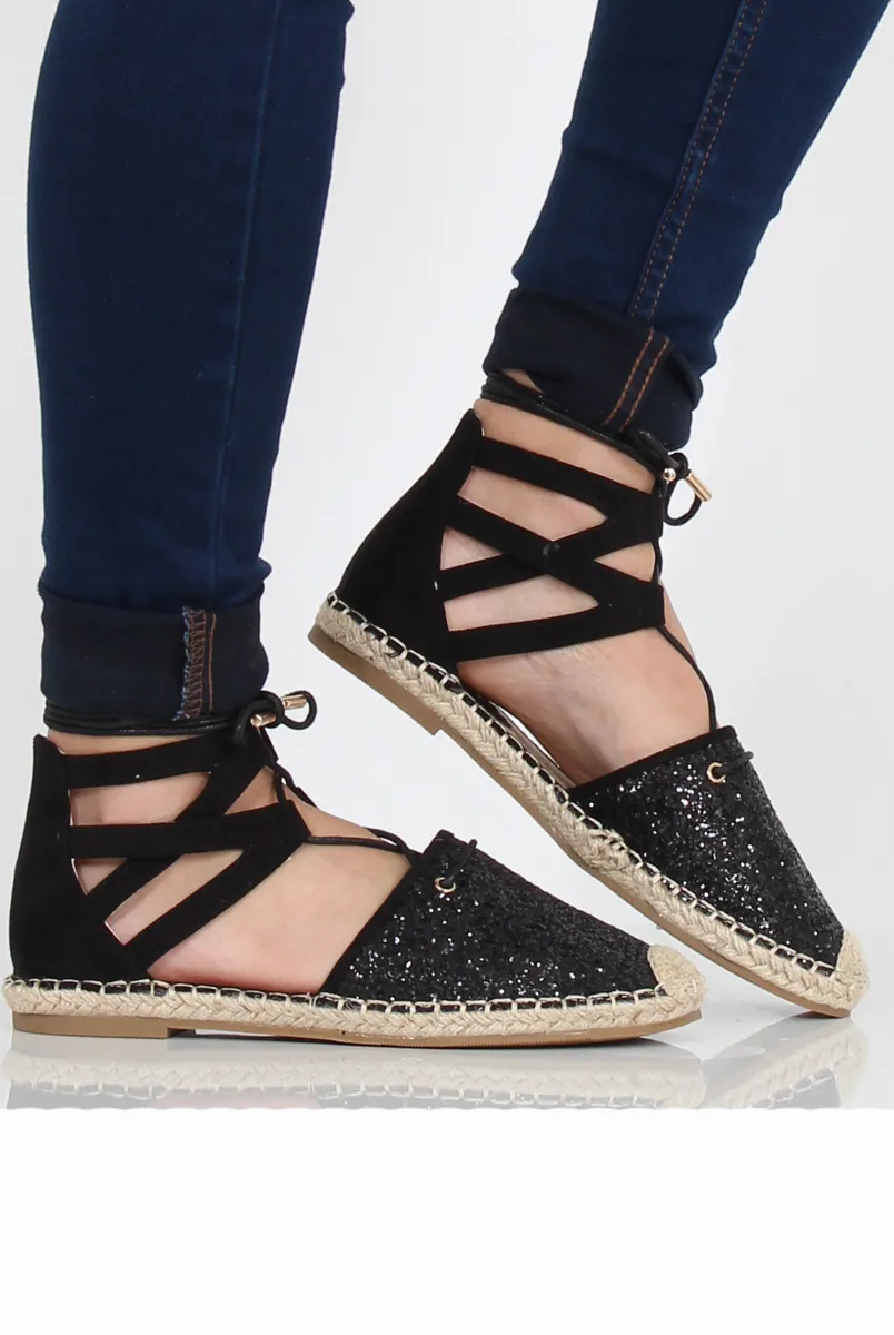 Lace One-time offer Espadrilles Up Glitter Summer markdown Black - Bonnie