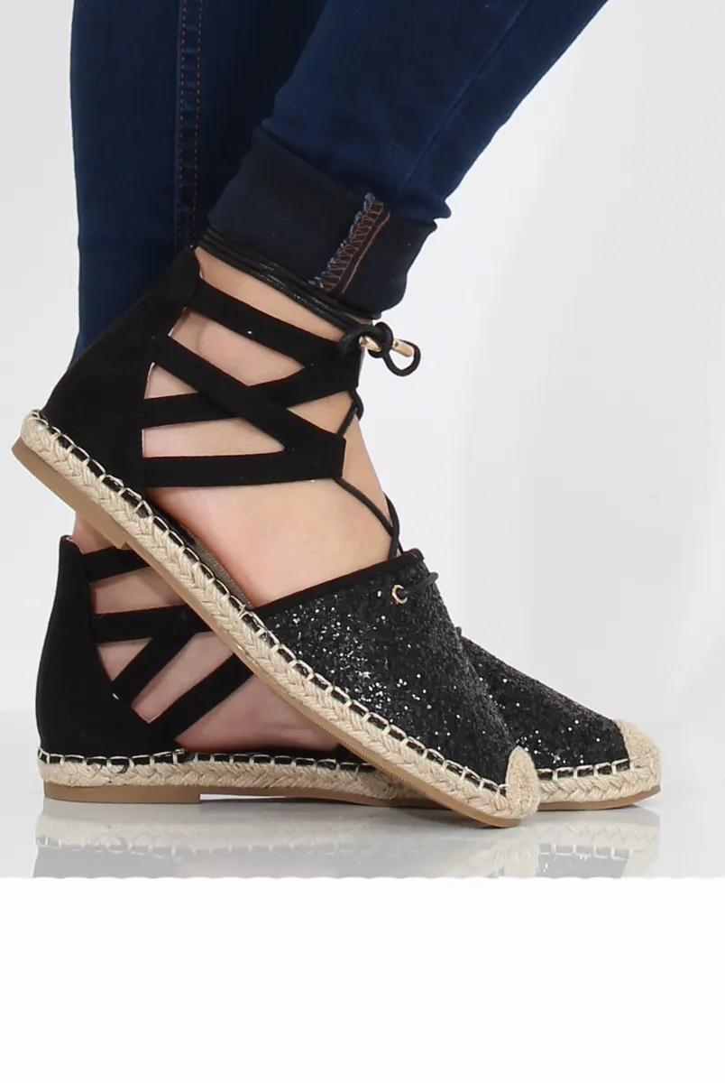 Lace One-time offer Espadrilles Up Glitter Summer markdown Black - Bonnie