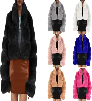 Ladies' Comfortable Outdoor Windproof Plush Jacket, Color Blocked Casual Stand Up Collar Short Imitation Fur Top 2024