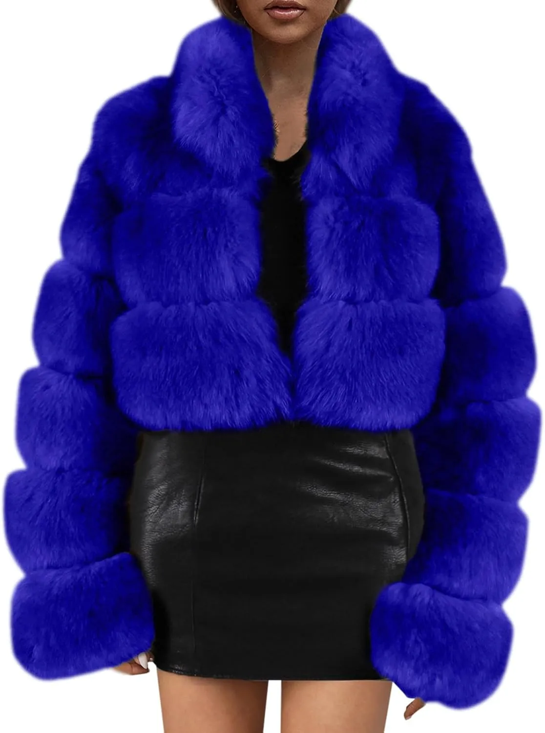 Ladies' Comfortable Outdoor Windproof Plush Jacket, Color Blocked Casual Stand Up Collar Short Imitation Fur Top 2024
