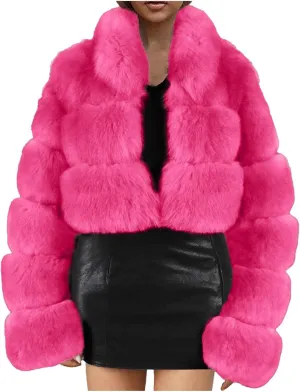 Ladies' Comfortable Outdoor Windproof Plush Jacket, Color Blocked Casual Stand Up Collar Short Imitation Fur Top 2024