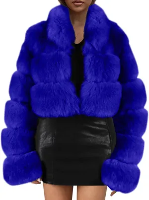 Ladies' Comfortable Outdoor Windproof Plush Jacket, Color Blocked Casual Stand Up Collar Short Imitation Fur Top 2024