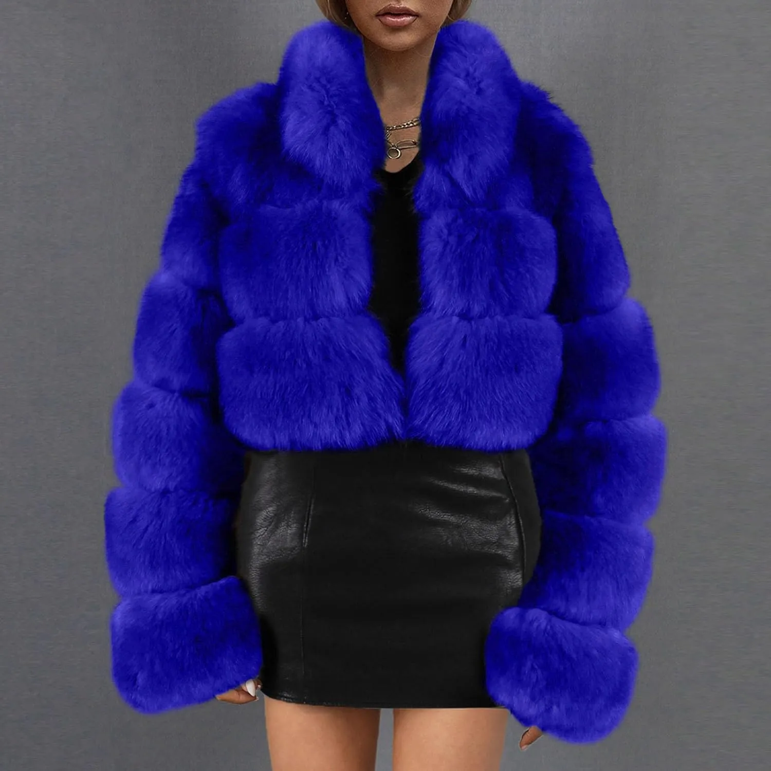Ladies' Comfortable Outdoor Windproof Plush Jacket, Color Blocked Casual Stand Up Collar Short Imitation Fur Top 2024