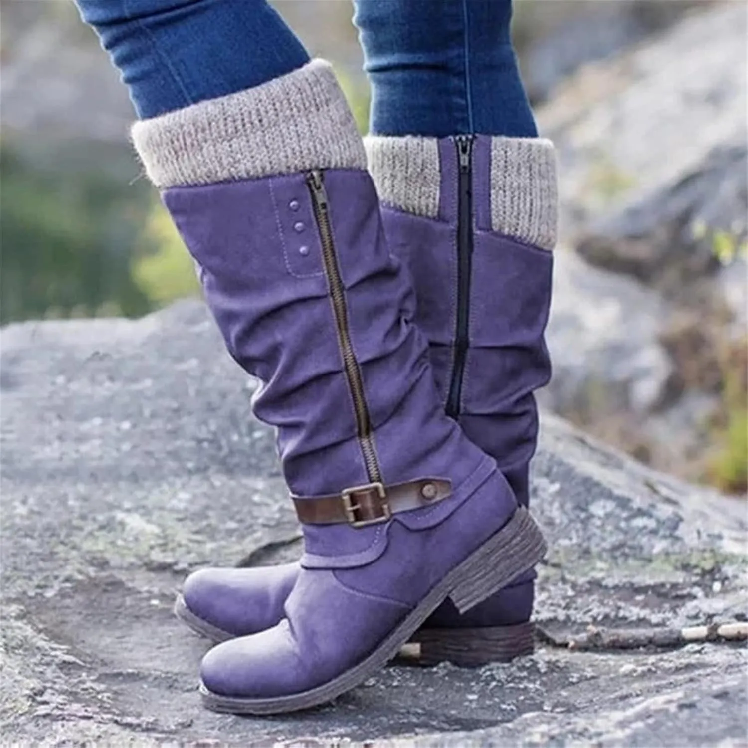 Lausiuoe Boots For Women Low Heel Mid Calf Warm Thermal Outdoor Walking Snow Winter Boots Chunky Side Zip Western Cowboy Boots