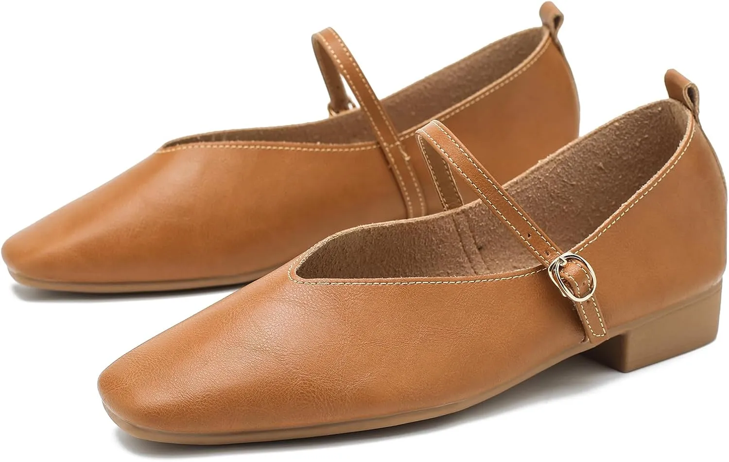 LIURUIJIA Women's Mary Jane Ballet Flats Dress Shoes Square Toe Ankle Strap Casual Dressy Comfortable Retro Foldable Shoes