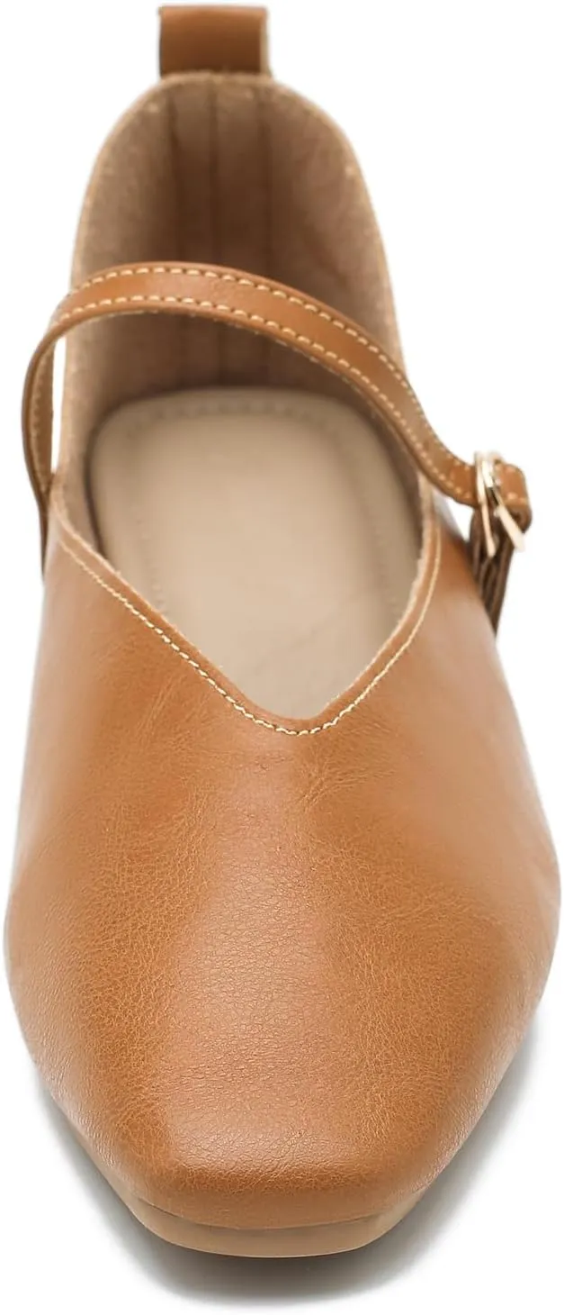 LIURUIJIA Women's Mary Jane Ballet Flats Dress Shoes Square Toe Ankle Strap Casual Dressy Comfortable Retro Foldable Shoes