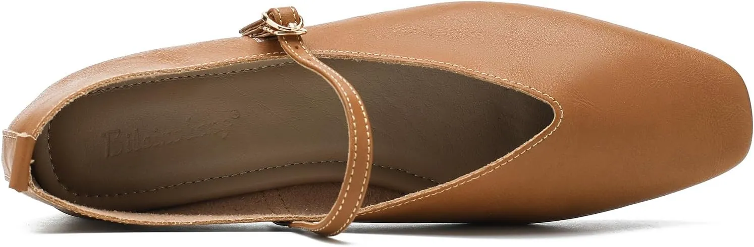 LIURUIJIA Women's Mary Jane Ballet Flats Dress Shoes Square Toe Ankle Strap Casual Dressy Comfortable Retro Foldable Shoes