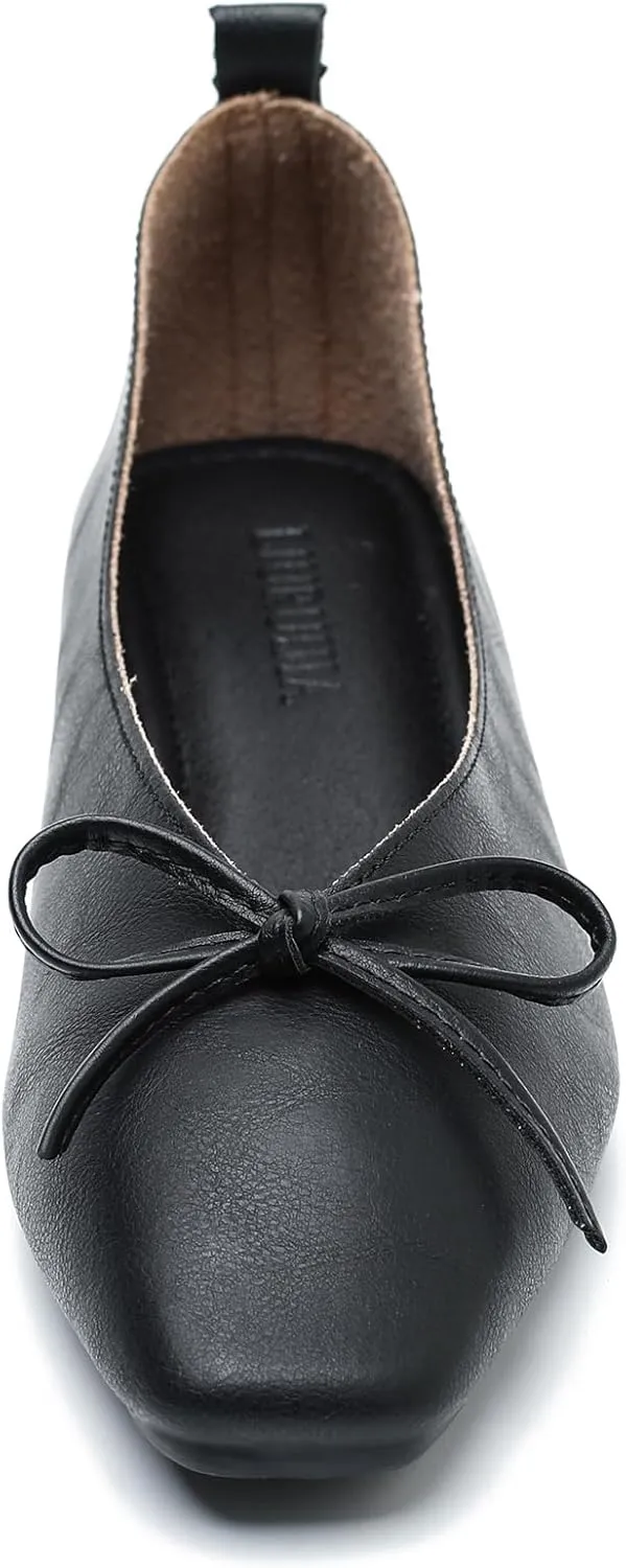 LIURUIJIA Women's Slip On Bowknot Ballet Flats Square Toe Lightweight Casual Dressy Comfortable Work Low Heels Retro Dress Shoes