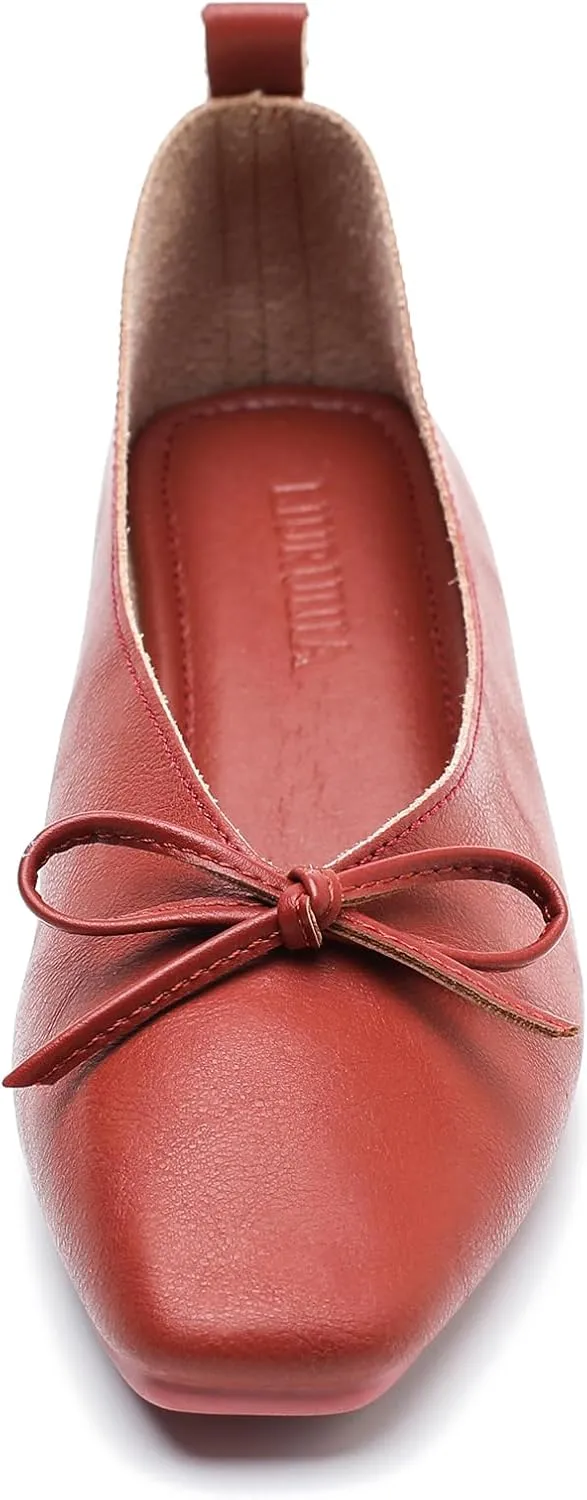 LIURUIJIA Women's Slip On Bowknot Ballet Flats Square Toe Lightweight Casual Dressy Comfortable Work Low Heels Retro Dress Shoes